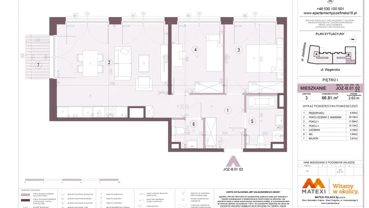 Rzut - Mieszkanie na sprzedaż 3 pokoje o powierzchni 66,81 m² - numer B.01.02 w Apartamenty Józefińska