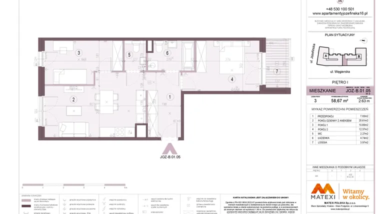 Rzut - Mieszkanie na sprzedaż 3 pokoje o powierzchni 58,67 m² - numer B.01.05 w Apartamenty Józefińska