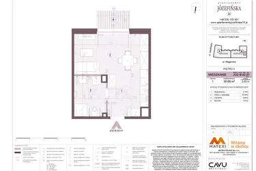Rzut - Mieszkanie na sprzedaż 1 pokój o powierzchni 30,68 m² - numer B.02.01 w Apartamenty Józefińska