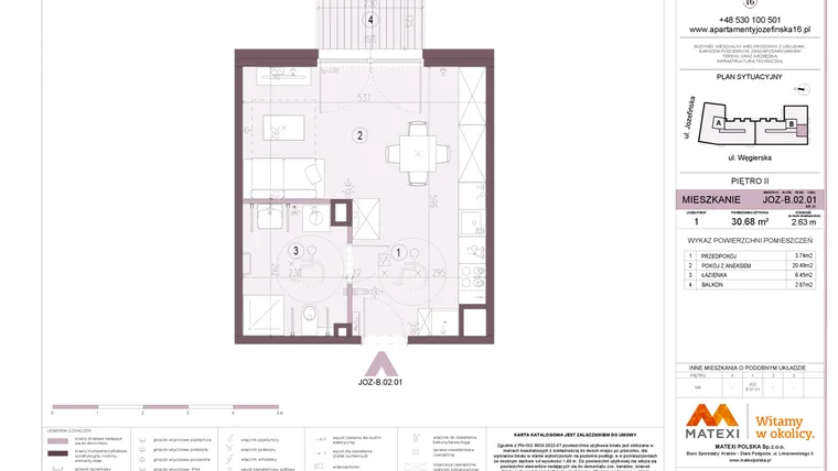 Rzut - Mieszkanie na sprzedaż 1 pokój o powierzchni 30,68 m² - numer B.02.01 w Apartamenty Józefińska