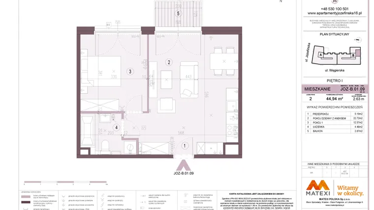 Rzut - Mieszkanie na sprzedaż 2 pokoje o powierzchni 44,94 m² - numer B.01.09 w Apartamenty Józefińska