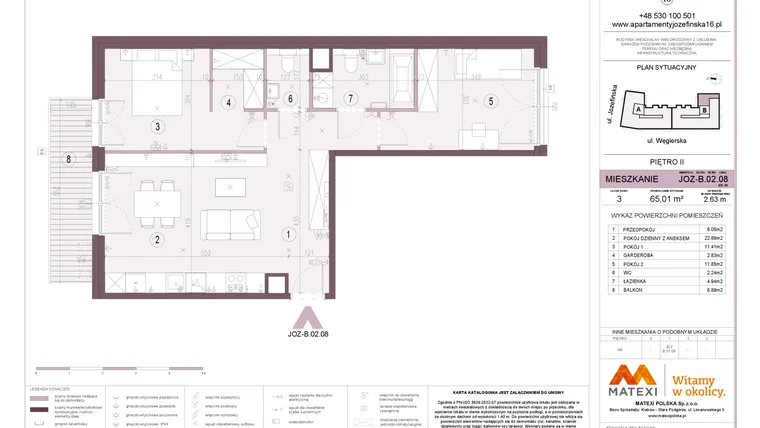 Rzut - Mieszkanie na sprzedaż 3 pokoje o powierzchni 65,01 m² - numer B.02.08 w Apartamenty Józefińska