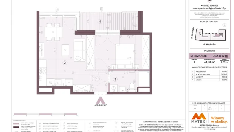 Rzut - Mieszkanie na sprzedaż 1 pokój o powierzchni 41,38 m² - numer B.02.07 w Apartamenty Józefińska