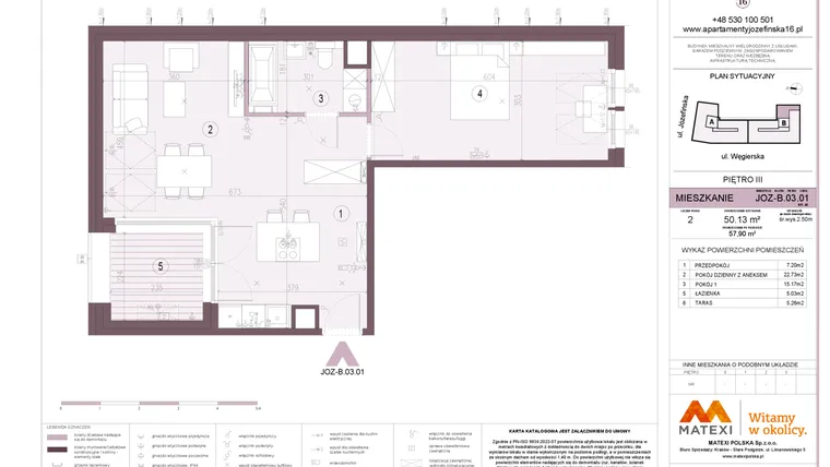 Rzut - Mieszkanie na sprzedaż 2 pokoje o powierzchni 50,13 m² - numer B.03.01 w Apartamenty Józefińska
