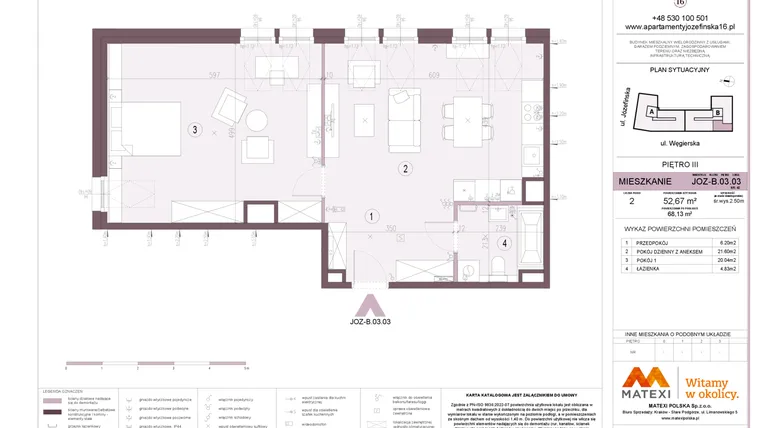 Rzut - Mieszkanie na sprzedaż 2 pokoje o powierzchni 52,67 m² - numer B.03.03 w Apartamenty Józefińska