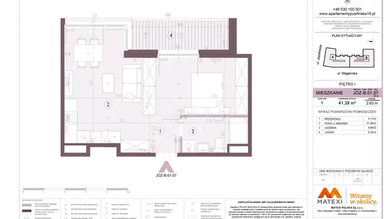 Rzut - Mieszkanie na sprzedaż 1 pokój o powierzchni 41,38 m² - numer B.01.07 w Apartamenty Józefińska