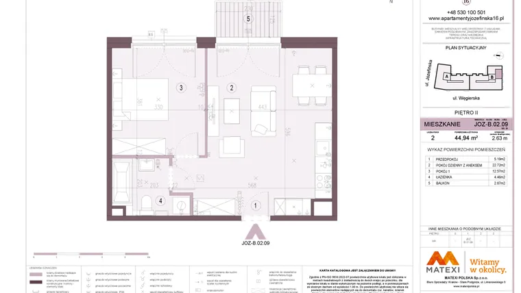 Rzut - Mieszkanie na sprzedaż 2 pokoje o powierzchni 44,94 m² - numer B.02.09 w Apartamenty Józefińska