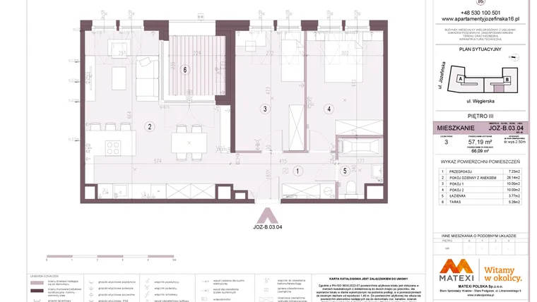 Rzut - Mieszkanie na sprzedaż 3 pokoje o powierzchni 57,19 m² - numer B.03.04 w Apartamenty Józefińska