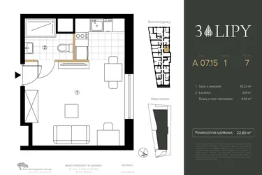 Rzut - Mieszkanie na sprzedaż 1 pokój o powierzchni 22,8 m² - numer A.07.15 w 3 lipy