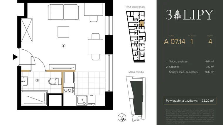 Rzut - Mieszkanie na sprzedaż 1 pokój o powierzchni 22,22 m² - numer A.07.14 w 3 lipy