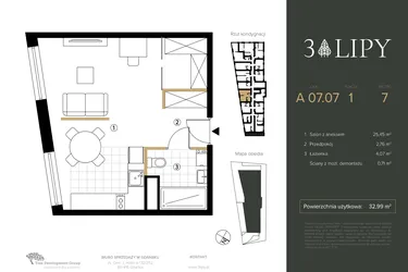 Rzut - Mieszkanie na sprzedaż 1 pokój o powierzchni 32,99 m² - numer A.07.07 w 3 lipy