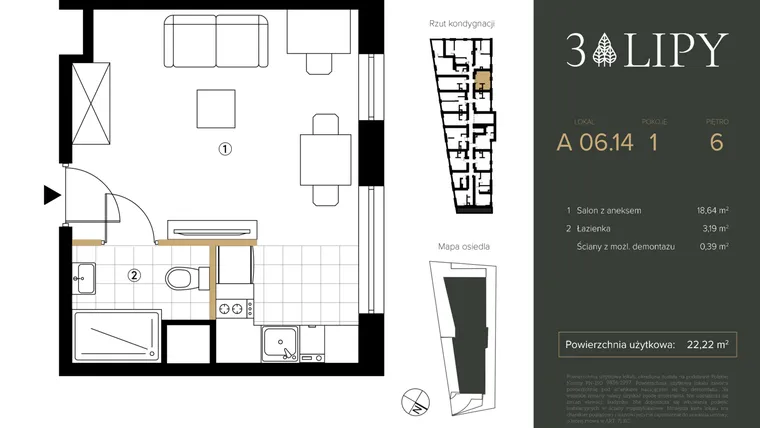 Rzut - Mieszkanie na sprzedaż 1 pokój o powierzchni 22,22 m² - numer A.06.14 w 3 lipy