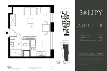 Rzut - Mieszkanie na sprzedaż 1 pokój o powierzchni 22,22 m² - numer A.06.14 w 3 lipy