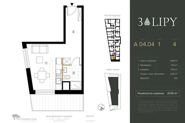 Rzut - Mieszkanie na sprzedaż 1 pokój o powierzchni 25,55 m² - numer A.04.04 w 3 lipy
