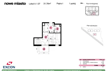 Rzut - Mieszkanie na sprzedaż 1 pokój o powierzchni 31,76 m² - numer A-1-07 w Nowe Miasto