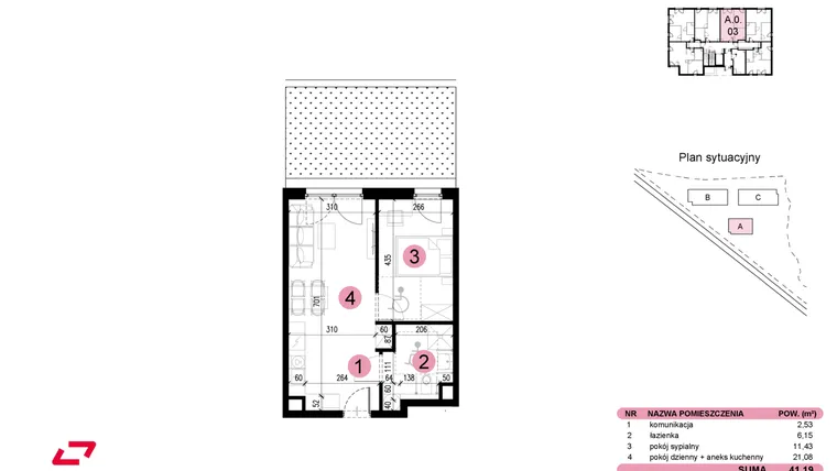 Rzut - Mieszkanie na sprzedaż 2 pokoje o powierzchni 41,21 m² - numer A-0-03 w Nowe Miasto