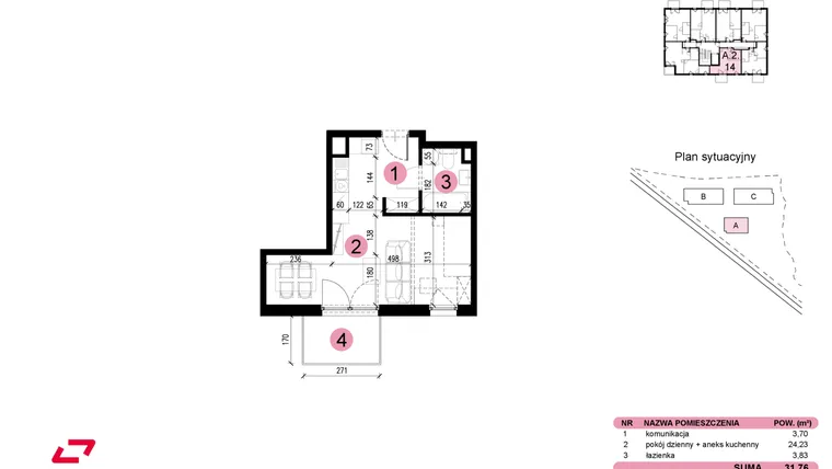 Rzut - Mieszkanie na sprzedaż 1 pokój o powierzchni 31,76 m² - numer A-2-14 w Nowe Miasto