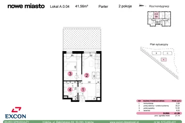 Rzut - Mieszkanie na sprzedaż 2 pokoje o powierzchni 41,56 m² - numer A-0-04 w Nowe Miasto