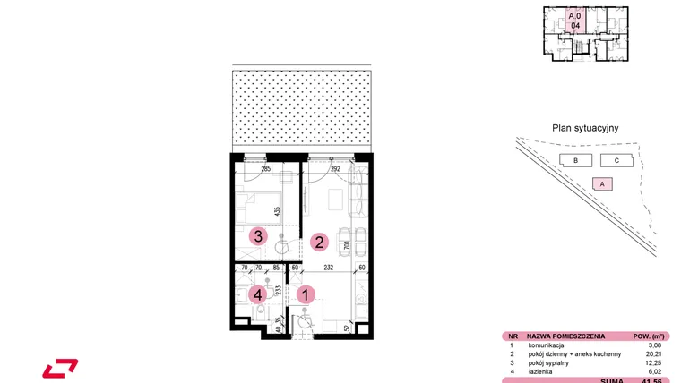 Rzut - Mieszkanie na sprzedaż 2 pokoje o powierzchni 41,56 m² - numer A-0-04 w Nowe Miasto