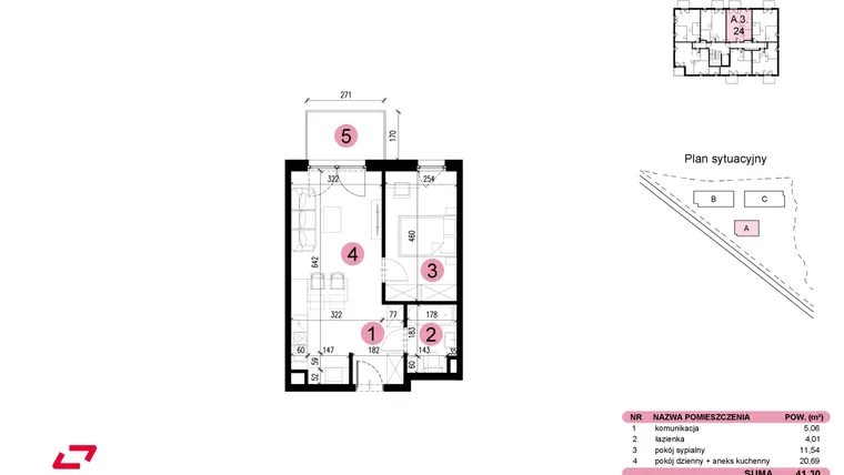 Rzut - Mieszkanie na sprzedaż 2 pokoje o powierzchni 41,3 m² - numer A-3-24 w Nowe Miasto