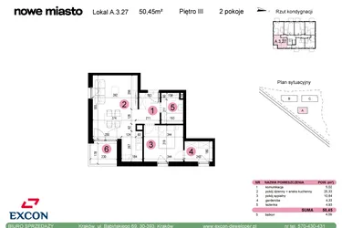 Rzut - Mieszkanie na sprzedaż 2 pokoje o powierzchni 50,45 m² - numer A-3-27 w Nowe Miasto