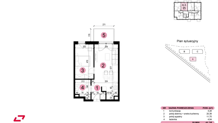 Rzut - Mieszkanie na sprzedaż 2 pokoje o powierzchni 41,35 m² - numer A-3-25 w Nowe Miasto