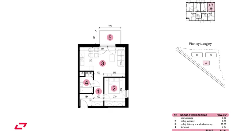 Rzut - Mieszkanie na sprzedaż 2 pokoje o powierzchni 41,81 m² - numer A-2-16 w Nowe Miasto