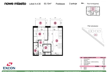 Rzut - Mieszkanie na sprzedaż 2 pokoje o powierzchni 53,13 m² - numer A-4-30 w Nowe Miasto