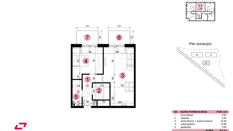 Rzut - Mieszkanie na sprzedaż 2 pokoje o powierzchni 53,13 m² - numer A-4-30 w Nowe Miasto