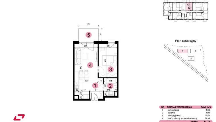 Rzut - Mieszkanie na sprzedaż 2 pokoje o powierzchni 41,29 m² - numer B-1-14 w Nowe Miasto