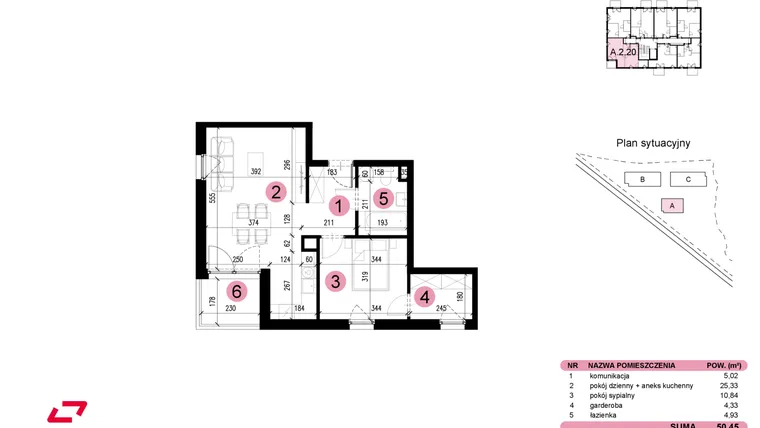 Rzut - Mieszkanie na sprzedaż 2 pokoje o powierzchni 50,45 m² - numer A-2-20 w Nowe Miasto