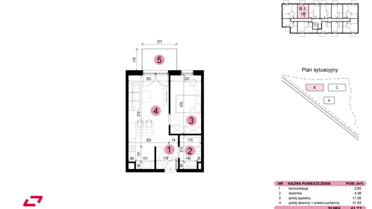 Rzut - Mieszkanie na sprzedaż 2 pokoje o powierzchni 41,72 m² - numer B-1-16 w Nowe Miasto