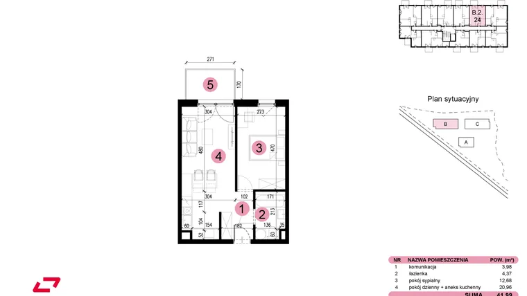 Rzut - Mieszkanie na sprzedaż 2 pokoje o powierzchni 41,99 m² - numer B-2-24 w Nowe Miasto