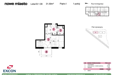 Rzut - Mieszkanie na sprzedaż 1 pokój o powierzchni 31,59 m² - numer B-1-09 w Nowe Miasto