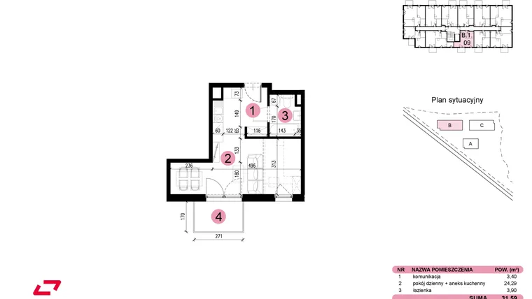 Rzut - Mieszkanie na sprzedaż 1 pokój o powierzchni 31,59 m² - numer B-1-09 w Nowe Miasto
