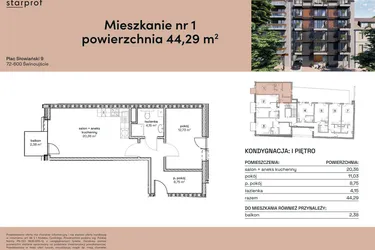 Rzut - Mieszkanie na sprzedaż 2 pokoje o powierzchni 44,29 m² - numer M1 w Plac Słowiański 9