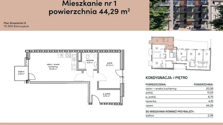 Rzut - Mieszkanie na sprzedaż 2 pokoje o powierzchni 44,29 m² - numer M1 w Plac Słowiański 9
