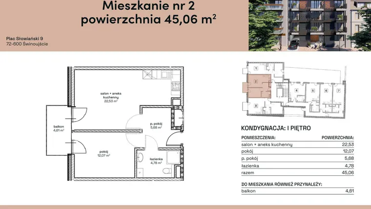 Rzut - Mieszkanie na sprzedaż 2 pokoje o powierzchni 45,06 m² - numer M2 w Plac Słowiański 9