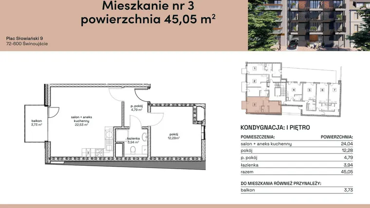 Rzut - Mieszkanie na sprzedaż 2 pokoje o powierzchni 45,05 m² - numer M3 w Plac Słowiański 9