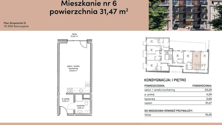Rzut - Mieszkanie na sprzedaż 1 pokój o powierzchni 31,47 m² - numer M6 w Plac Słowiański 9