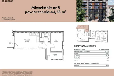 Rzut - Mieszkanie na sprzedaż 2 pokoje o powierzchni 44,28 m² - numer M8 w Plac Słowiański 9