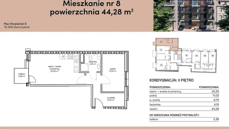 Rzut - Mieszkanie na sprzedaż 2 pokoje o powierzchni 44,28 m² - numer M8 w Plac Słowiański 9