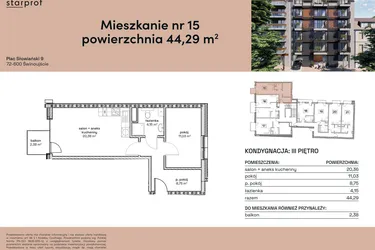 Rzut - Mieszkanie na sprzedaż 2 pokoje o powierzchni 44,29 m² - numer M15 w Plac Słowiański 9