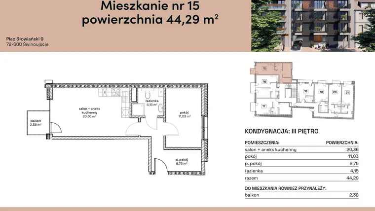 Rzut - Mieszkanie na sprzedaż 2 pokoje o powierzchni 44,29 m² - numer M15 w Plac Słowiański 9