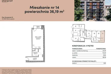 Rzut - Mieszkanie na sprzedaż 1 pokój o powierzchni 36,19 m² - numer M14 w Plac Słowiański 9
