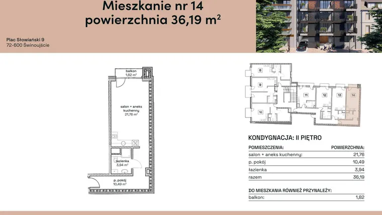 Rzut - Mieszkanie na sprzedaż 1 pokój o powierzchni 36,19 m² - numer M14 w Plac Słowiański 9