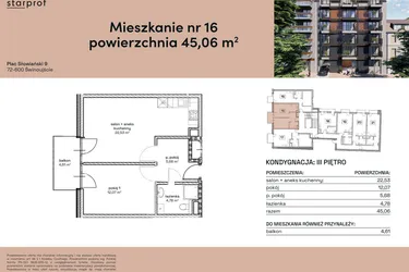 Rzut - Mieszkanie na sprzedaż 2 pokoje o powierzchni 45,06 m² - numer M16 w Plac Słowiański 9
