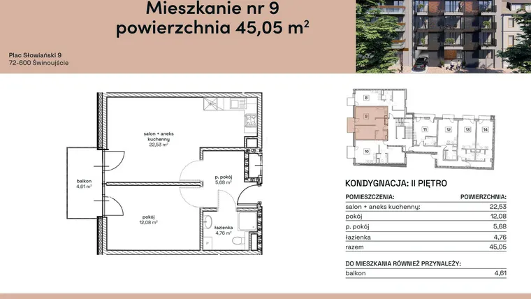 Rzut - Mieszkanie na sprzedaż 2 pokoje o powierzchni 45,05 m² - numer M9 w Plac Słowiański 9