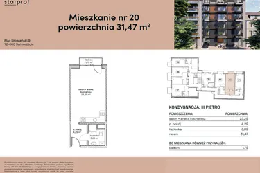 Rzut - Mieszkanie na sprzedaż 1 pokój o powierzchni 31,47 m² - numer M20 w Plac Słowiański 9