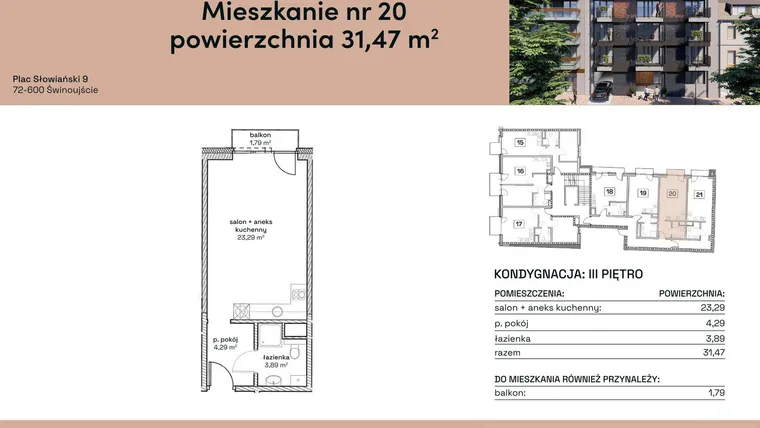Rzut - Mieszkanie na sprzedaż 1 pokój o powierzchni 31,47 m² - numer M20 w Plac Słowiański 9